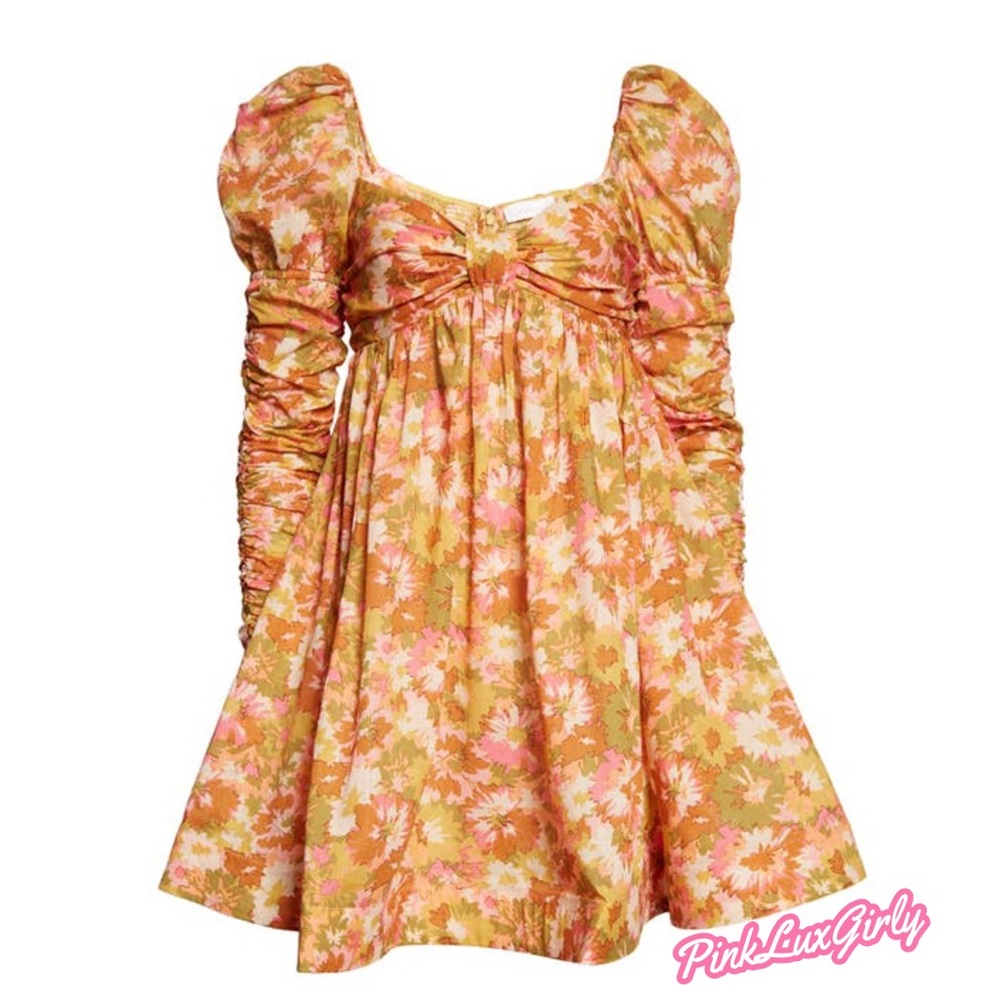NEW ZIMMERMANN Violet Floral Empire Mini Dress With Ruched Sleeves  🌼